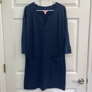 Lilly Pulitzer Navy 3/4 Sleeve Women's Sheath Dress Tunic Pockets Notched V-Neck